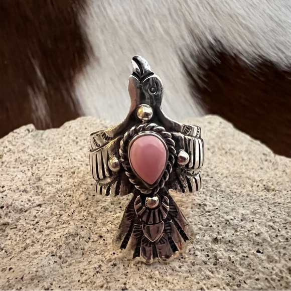 Navajo Jewelry - ❤️ Queen Pink Conch Navajo Thunderbird Statement Sterling Ring Size 7.5 - 10.5 G